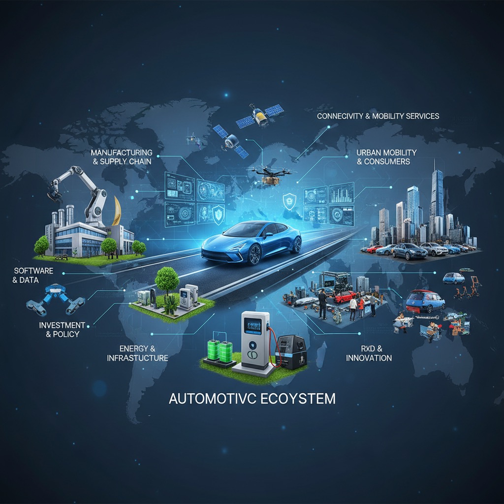 Un diagrama infográfico sobre un fondo azul oscuro muestra los diferentes sectores de un ecosistema automotriz conectado a través de un mapa mundial y un coche azul en el centro.