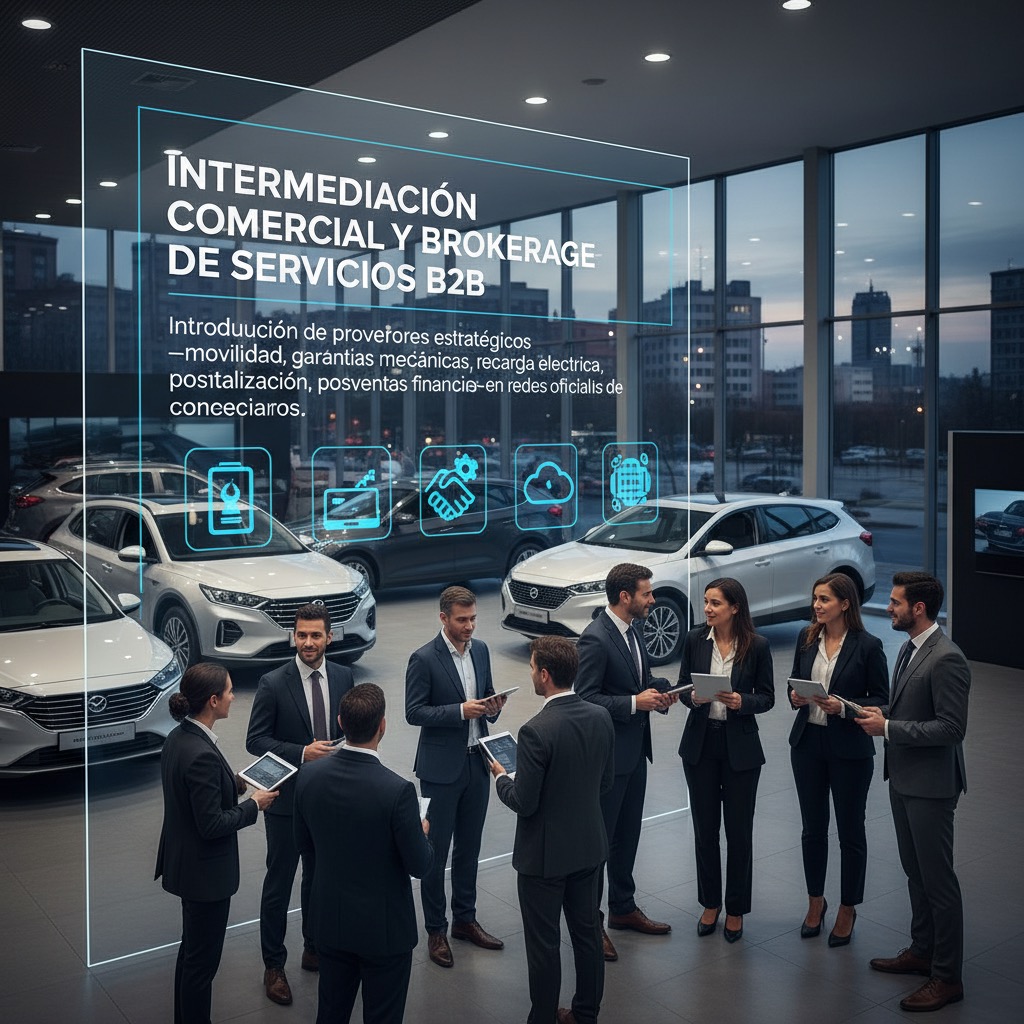 Un grupo de profesionales con trajes de negocios se reúne en un concesionario de automóviles iluminado mientras revisa tabletas frente a un gráfico holográfico flotante.